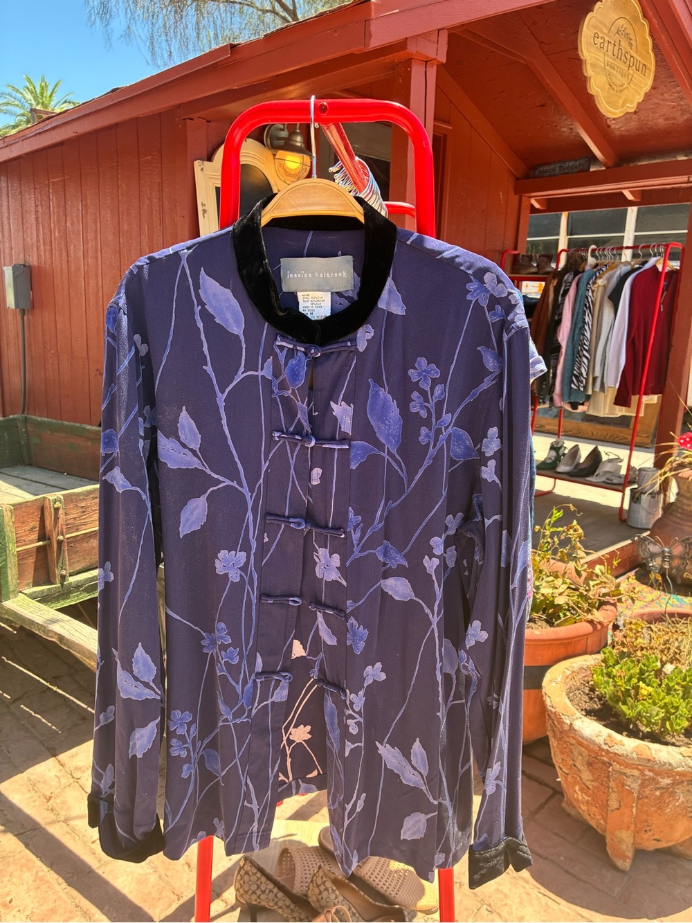 Vintage Silk Floral Button-Front Jacket in Deep Navy